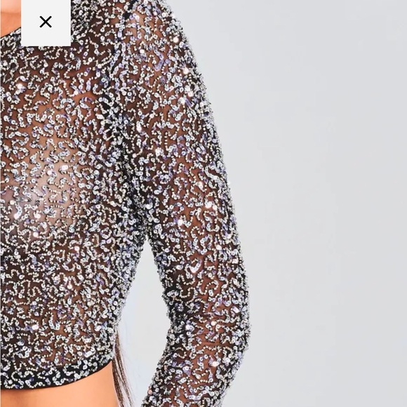NWT RETROFETE black silver all over sequin crop top long sleeves, size XS - Picture 2 of 12